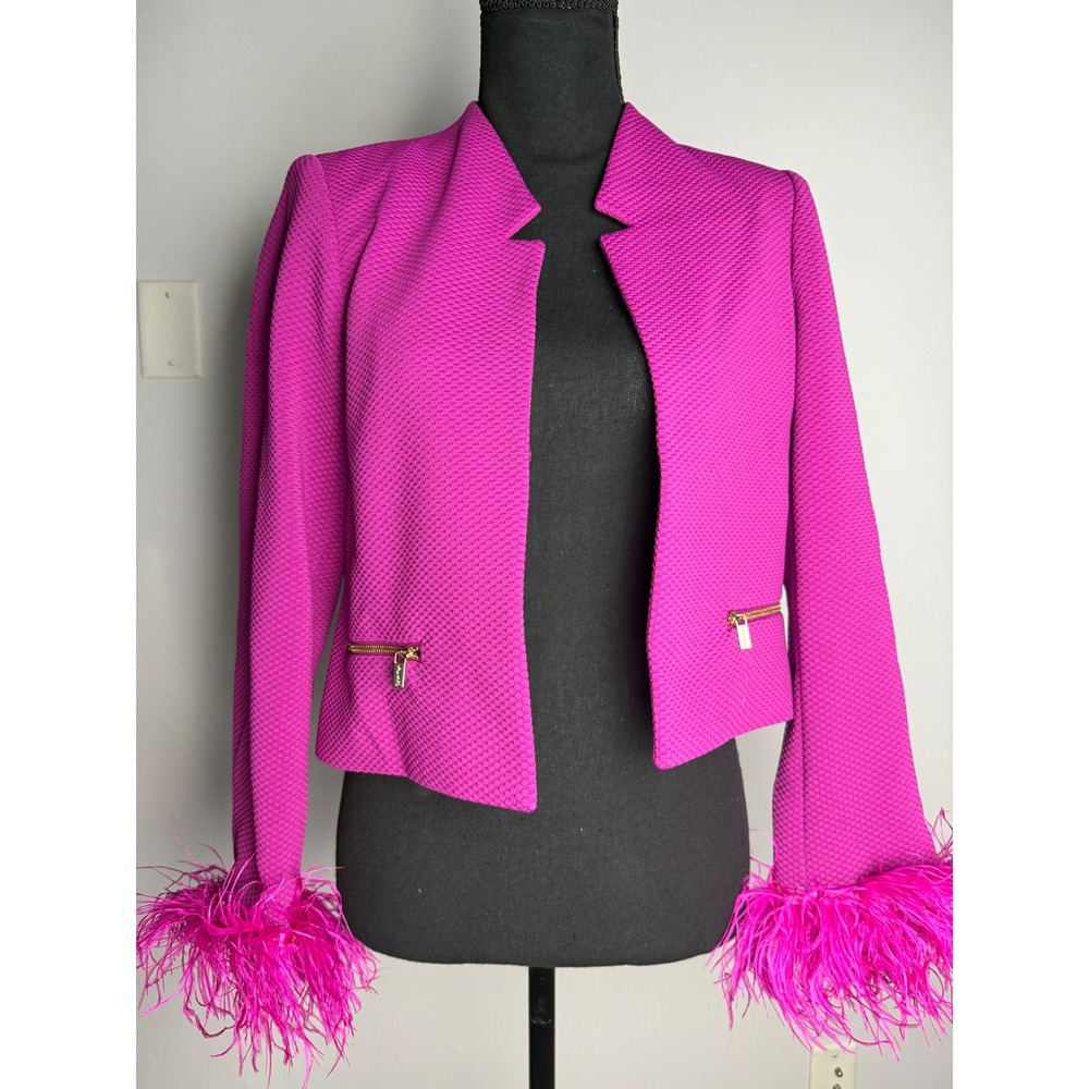 Calvin Klein Magenta Pink Upcycled Ostrich Feather Cuff Blazer Jacket 6P